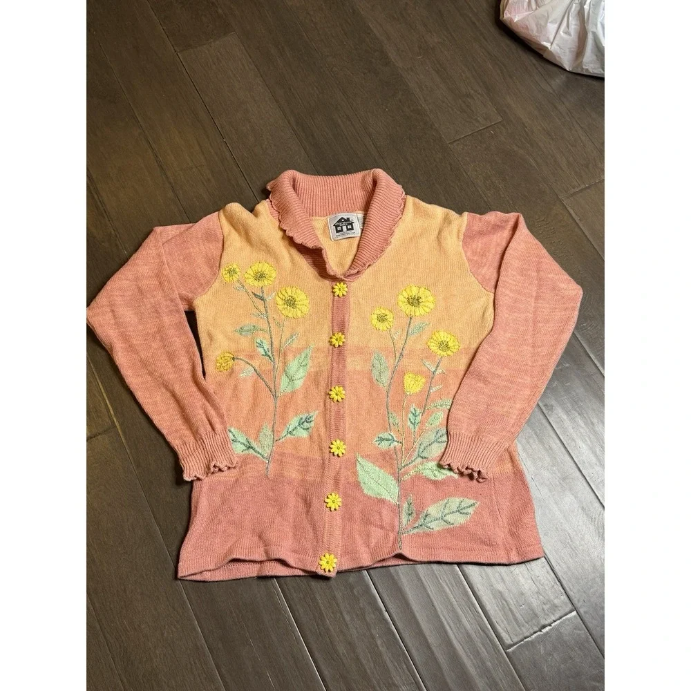 Storybook Knits Peach & Yellow Floral Cardigan Sweater - Picture 2 of 8